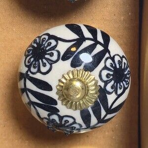 Set of 6 Ceramic Drawer Knobs Black White Floral Cabinet Pulls Boho Brass